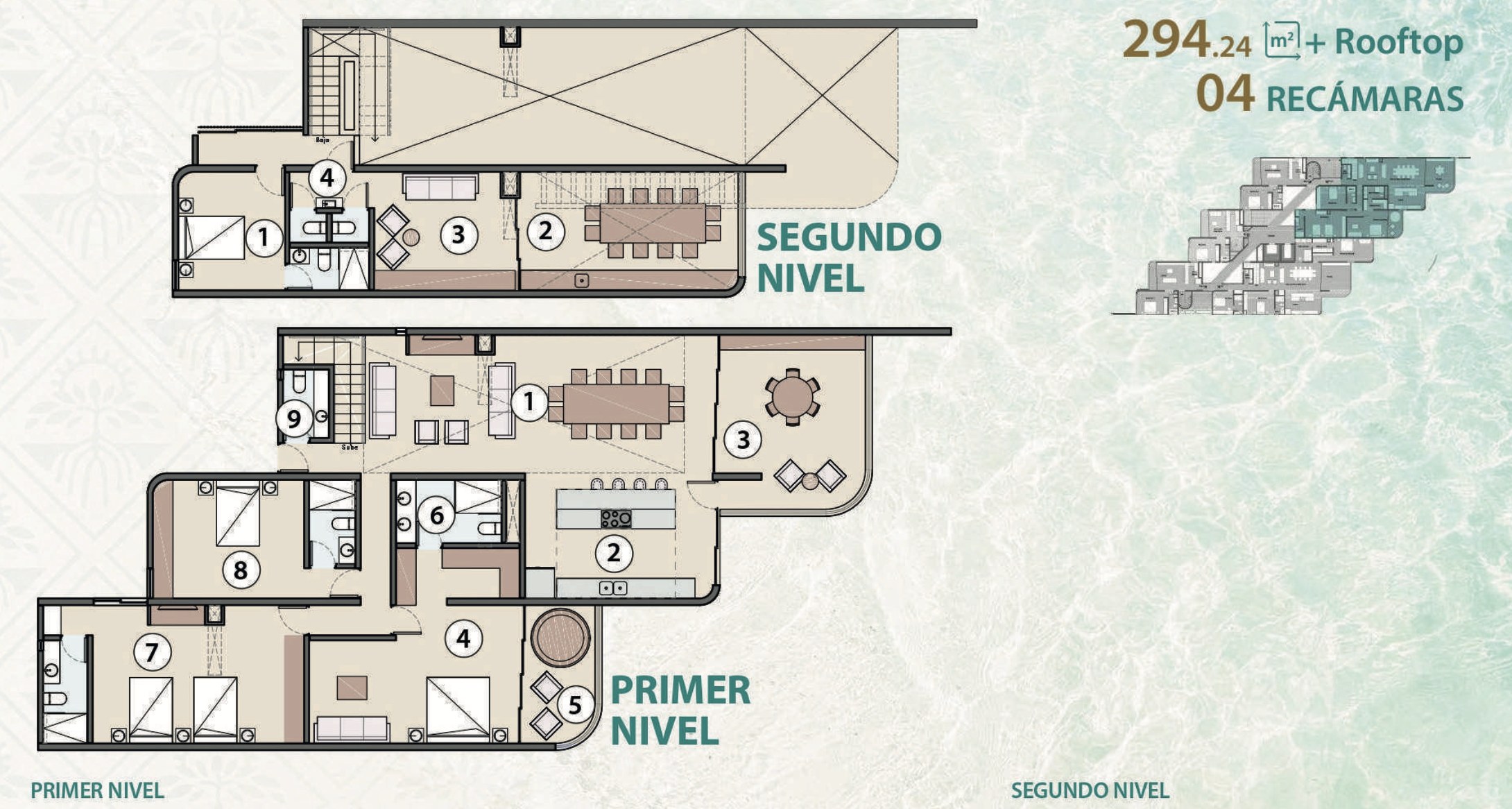 Planta del PH-103 en primer y segundo nivel, 294.24 m² más rooftop