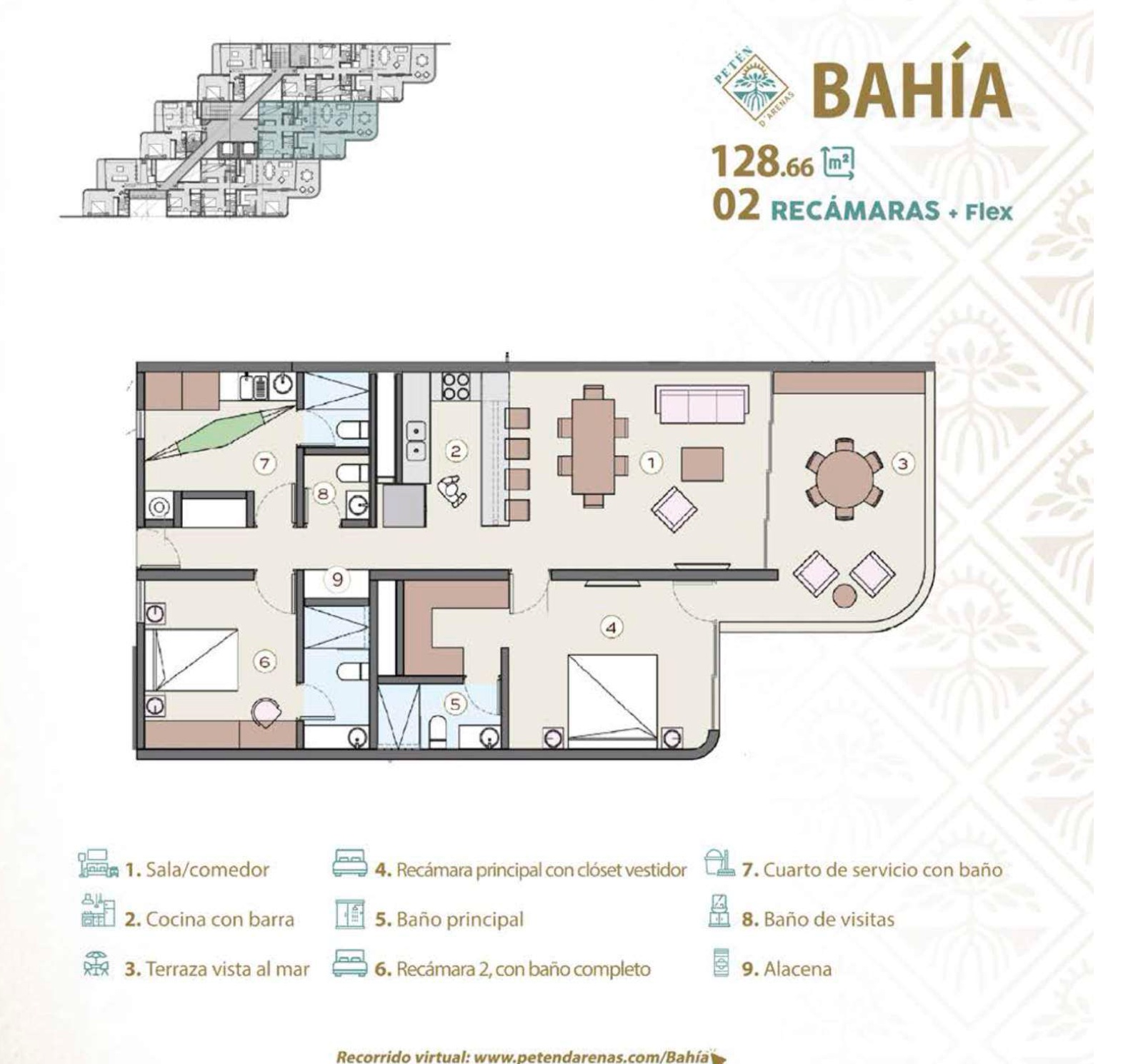 Bahía: 128.66 m², 2 recámaras + Flex