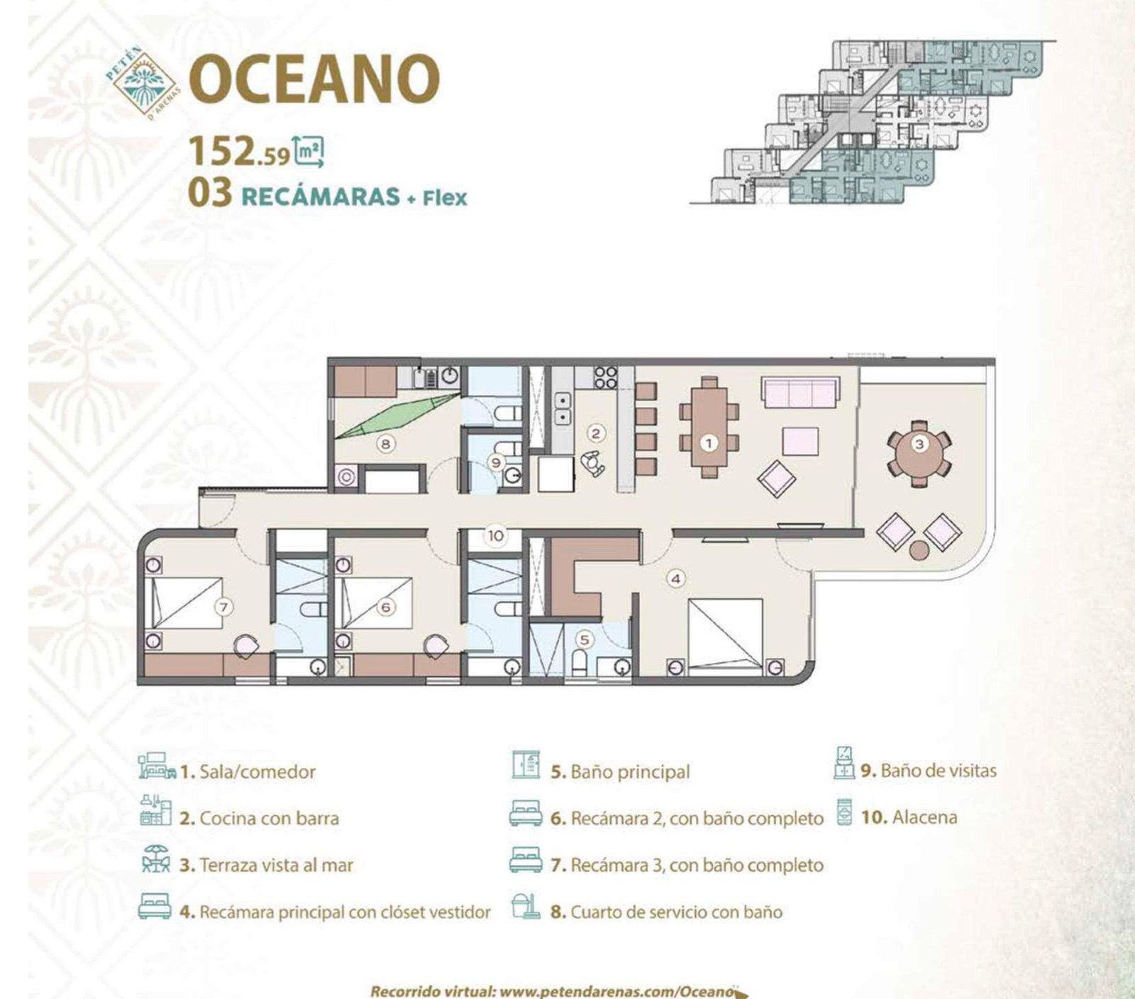 Océano: 152.59 m², 3 recámaras + Flex