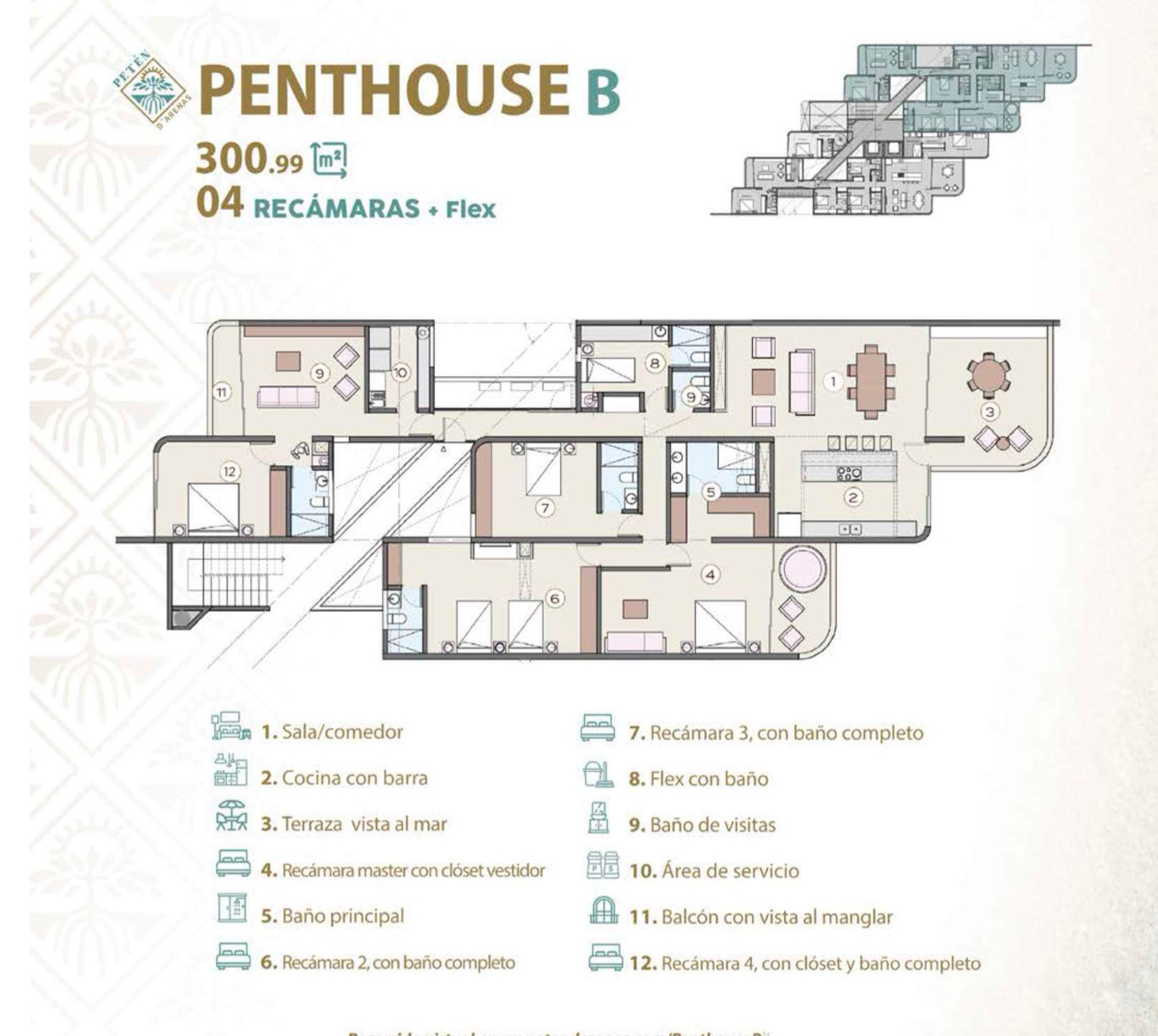 Penthouse B: 300.99 m², 4 recámaras + Flex