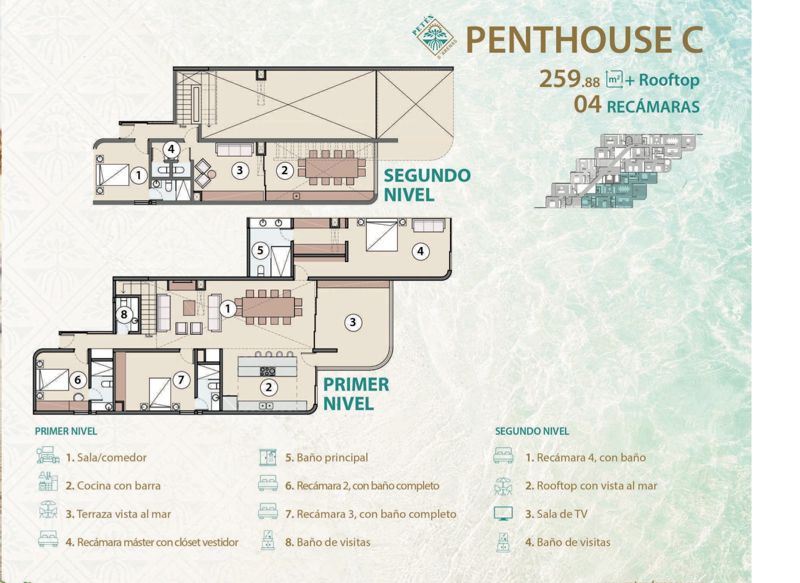Penthouse C: 259.88 m² más rooftop, 4 recámaras en dos niveles