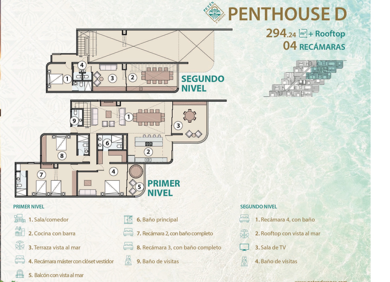 Penthouse D: 294.24 m² más rooftop, 4 recámaras en dos niveles