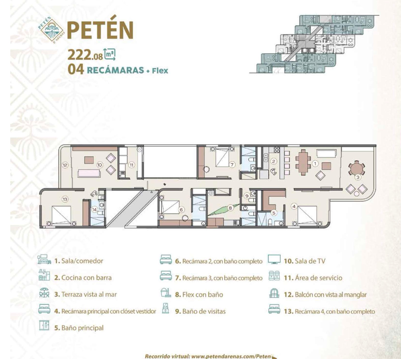 Petén: 222.08 m², 4 recámaras + Flex